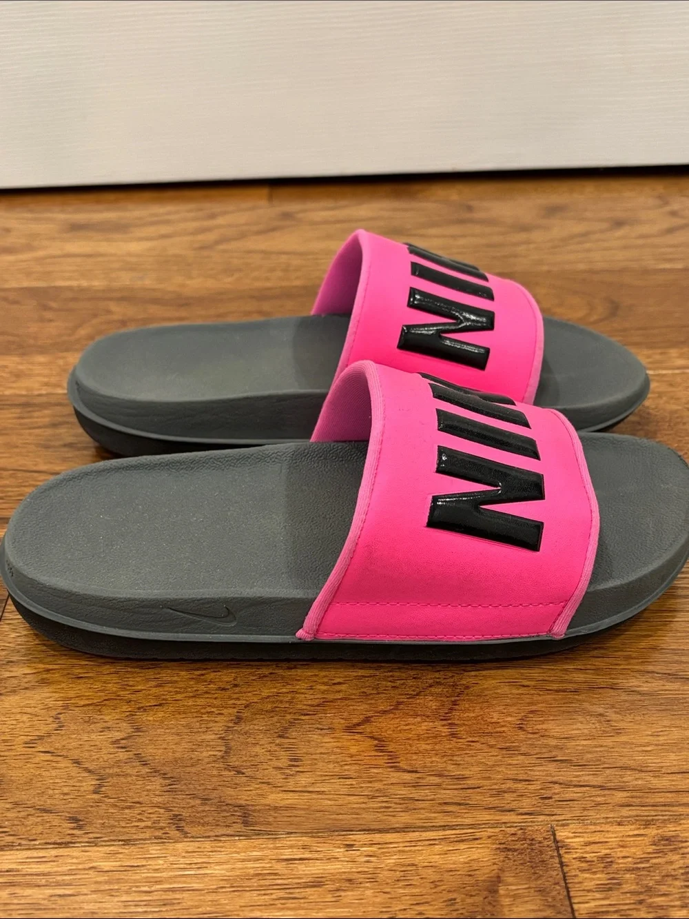 Nike Women’s Pink and Gray Slide Sandals with Bold Logo